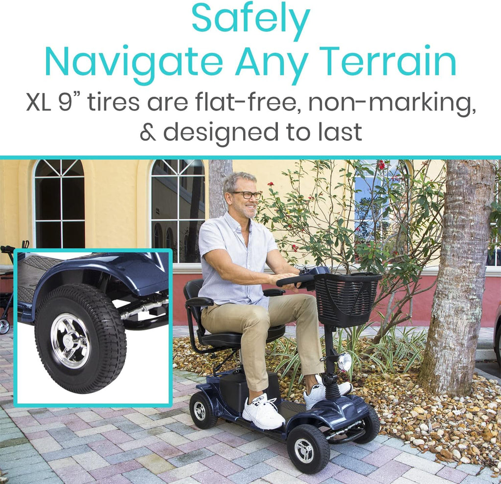 Vive Mobility Scooter (Series A) - 4 Wheel Electric Powered Wheelchair Mobile Device for Adults, Seniors - TSA Approved Wheel Chair, Compact, Travel - Long Range Battery, Shock Absorbing (Blue)