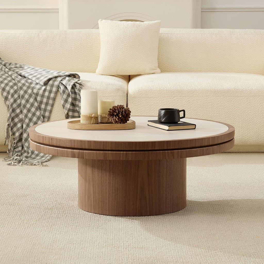 JUSTONE 35.43''Round Coffee Table,Farmhouse Wood Coffee Table for Living Room Apartment,Easy Assembly,Walnut(ø35.43'' x 13.78'')