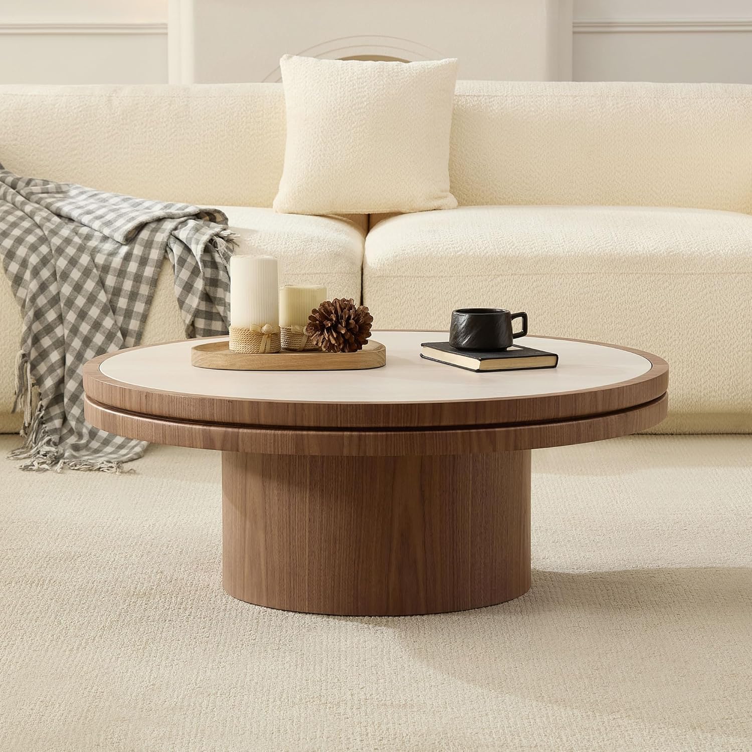 JUSTONE 35.43''Round Coffee Table,Farmhouse Wood Coffee Table for Living Room Apartment,Easy Assembly,Walnut(ø35.43'' x 13.78'')