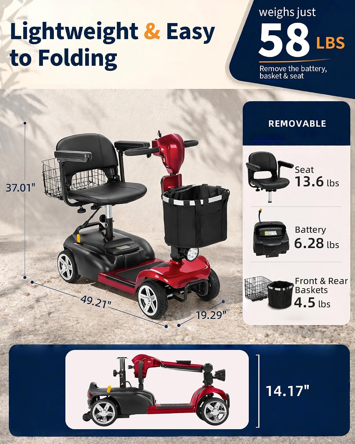 Ecomobi 20-45 Miles Mobility Scooter for Seniors & Adults, 4 Wheel Motorized Mobility Scooter for Travel, Removable Lithium Battery, 350W Motor, Dual Baskets, 300 lb Capacity, GPS Tracker,Red,18ah