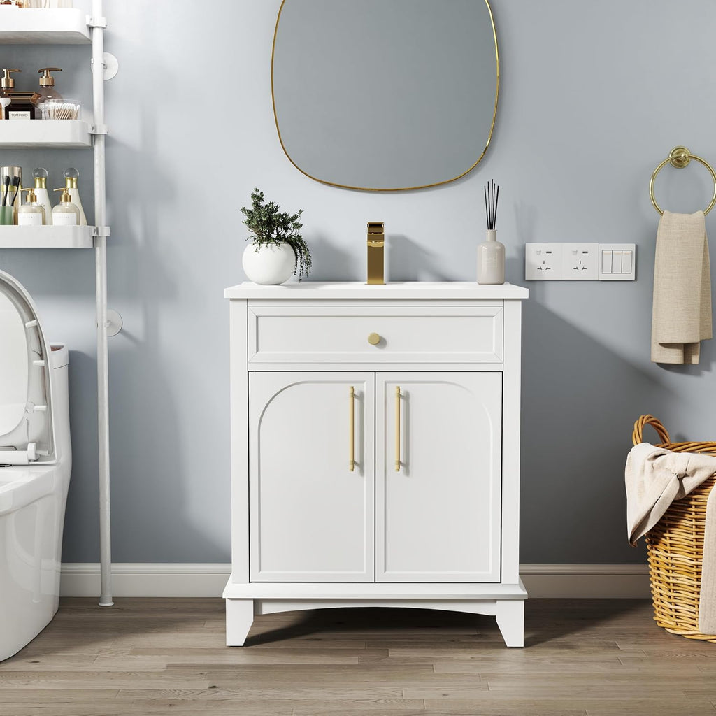 27.8' Bathroom Vanity Sink Combo, White | Integrated Ceramic Sink, Adjustable Shelves, Gold Metal Handles, Solid Wood Base, 19'Dx28.3'Wx34'H