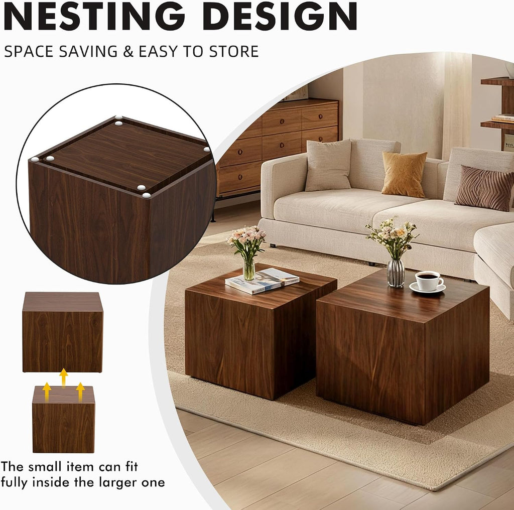 Square Nesting Tables for Living Room, Set of 2, Wood Nesting Coffee Table Walnut Veneer Mid Century Modern Small Accent Center End and Side Table Sets for Farmhouse Apartment Office