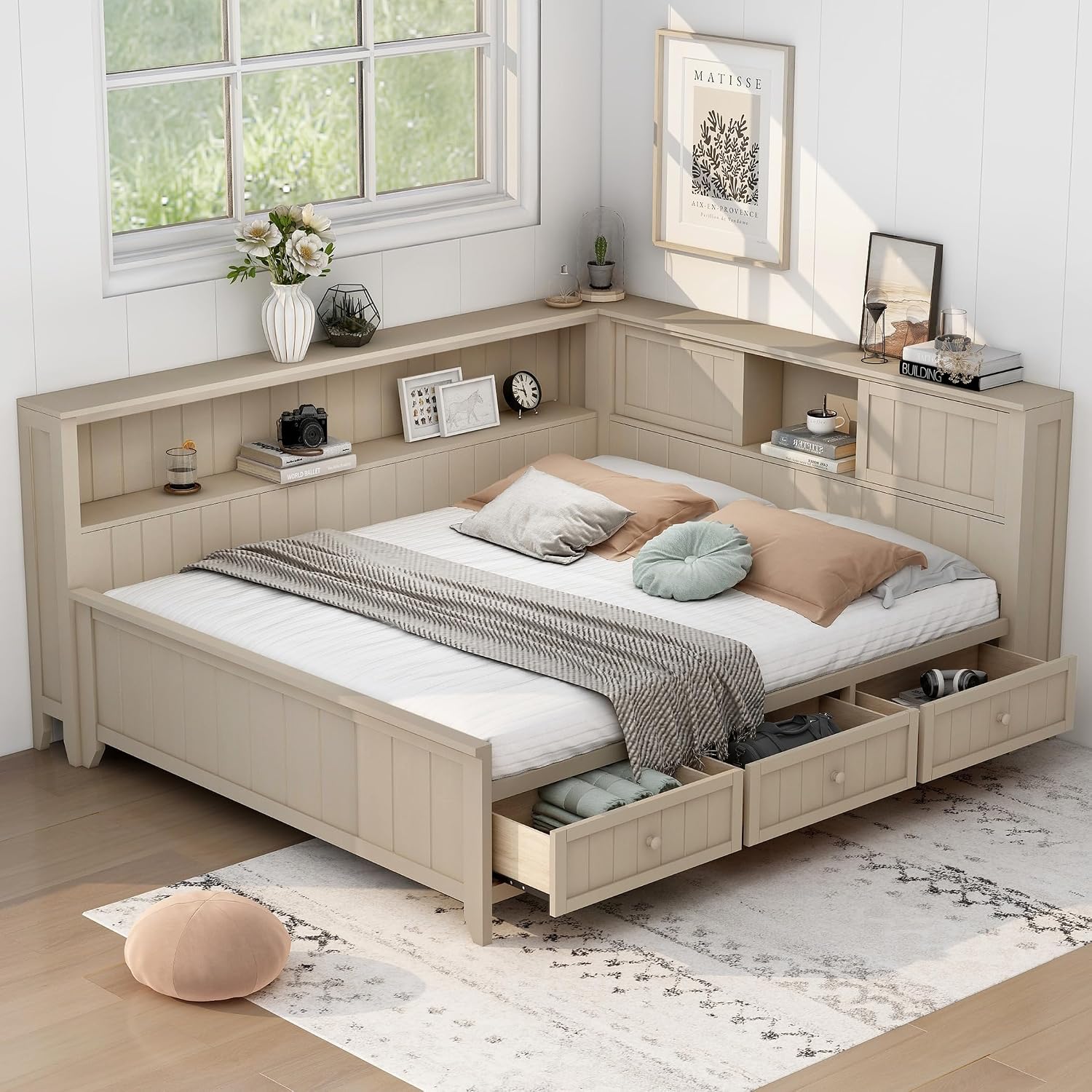 Full Size Daybed with Storage Shelves and 3 Drawers, Antique White Milk, Solid Wood + MDF, Farmhouse Corner Daybed Frame with Storage for Living Room, Bedroom, Guest Room