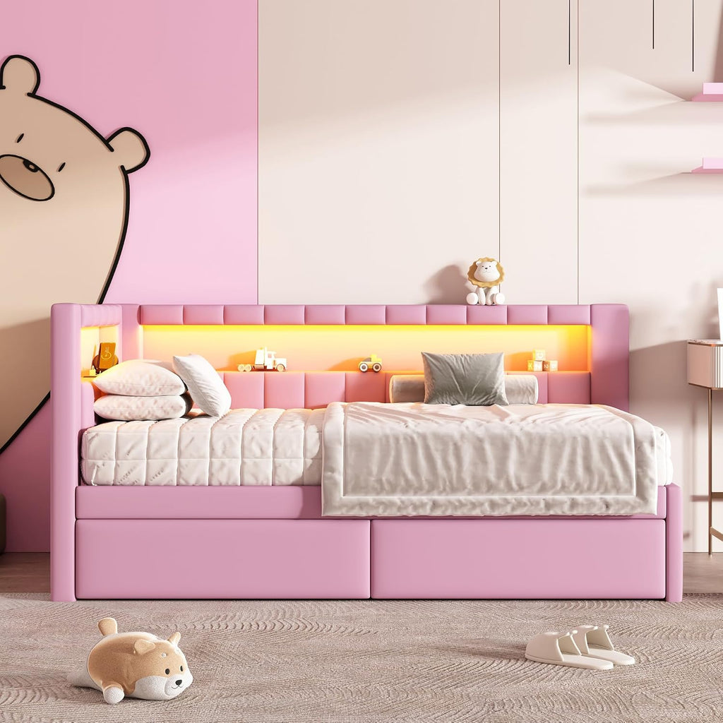 Twin Size Upholstered Daybed with Storage Drawers and LED, USB-Ports, L-Shaped Corner Unit Sofa Day Bed Frame with Storage Bookshelf, Girls, Kids, Adults, Boys, Pink