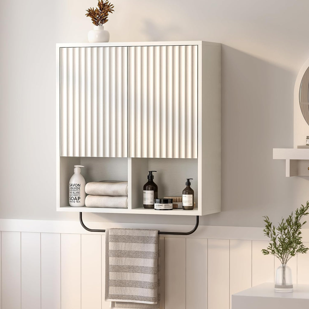 EYYTHUNG Fluted Wall Cabinet Set of 2, Wooden Bathroom Medicine Cabinet Storage with 2 Doors, Adjustable Shelf and Towels Bar, Modern Wall Mount Large Floating Cabinet for Kitchen White