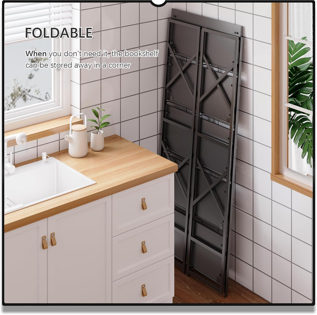 4NM 5 Tiers No Assembly Book Shelves, 51.2' H Folding Bookshelf Bookcase Open Industrial Foldable Shelves for Bedroom, Living Room, Home Office - All Black