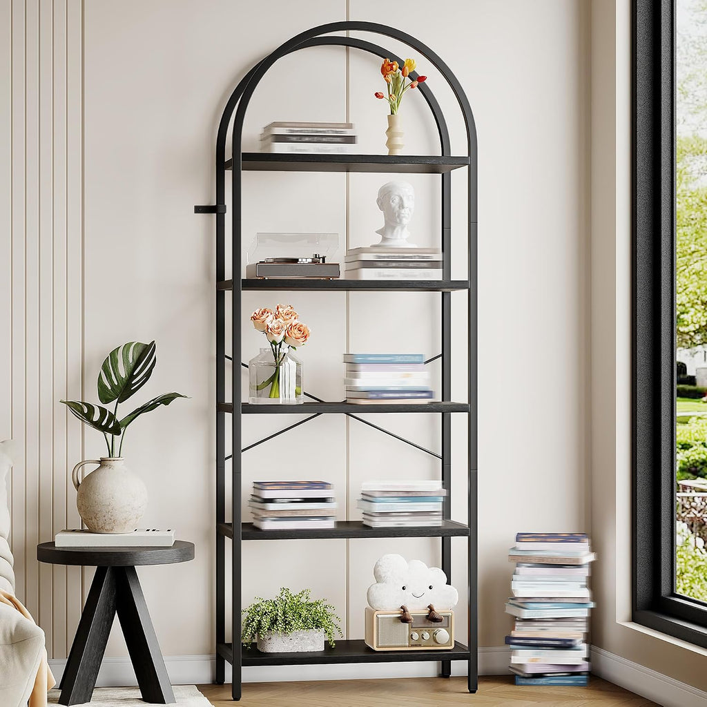 Takywep Bookshelf, Arched Bookcase with Metal Frame 5 Tiers Bookshelf Industrial Arched Cabinet Display Shelf Floorstanding Storage Shelving Unit for Bedroom, Living Room and Home Office, Black
