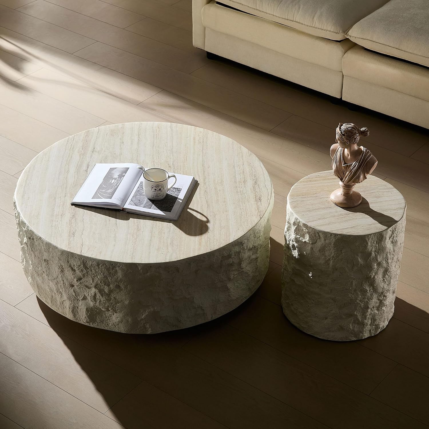 WILLIAMSPACE Round Faux Stone Coffee Table Set of 2 for Living Room, Modern Circle Drum Travertine Center Table Side Tables with Cement Stone Pattern, No Need Assembly, Fiberglass (35.4'' &15.75'')