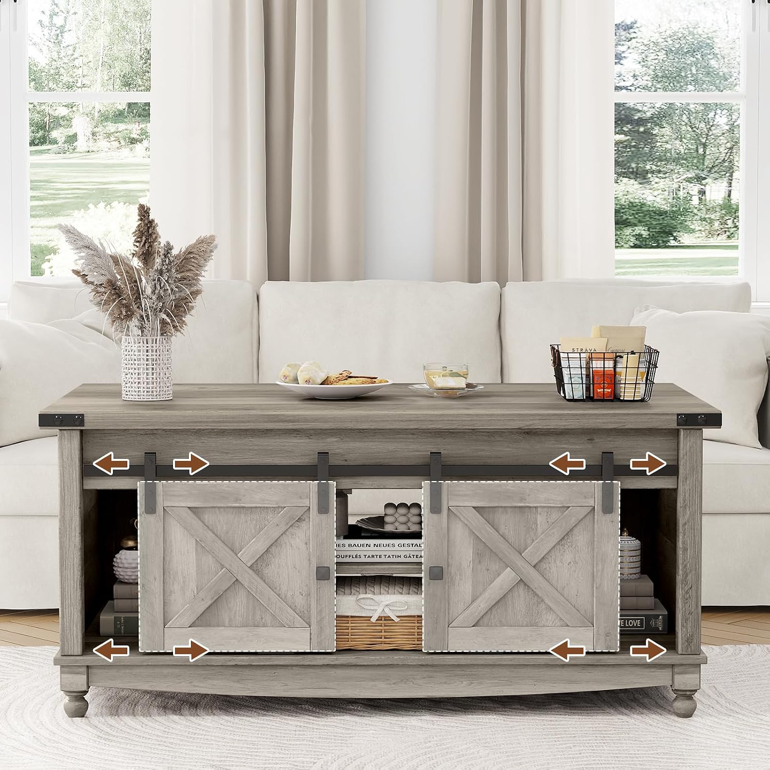 ALLSTAND 48' Farmhouse Lift Top Coffee Table with Storage Sliding Barn Door & Large Hidden Compartment, Coffee Table with Lifting Top with Wooden Lift Tabletop, Coffee Tables for Living Room, Grey