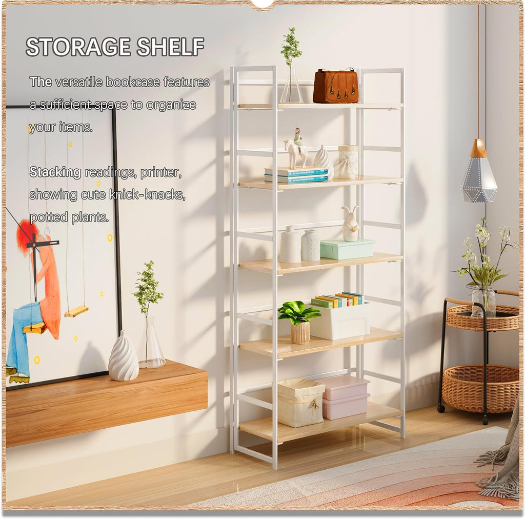 4NM No Assembly 5 Tier Collapsible Book Shelves, 51.2' H x 23.6' W Folding Bookshelf Bookcase Open Industrial Foldable Shelf for Bedroom, Living Room, Home Office - Natural White