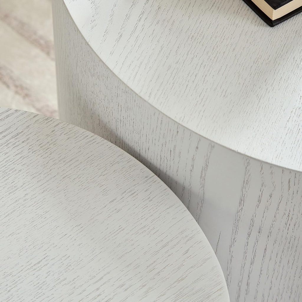 Small Round Nesting Coffee Table Set of 2, Wood Grain Circle Side End Accent Tables for Small Spaces Living Room Bedroom Balcony Office, White