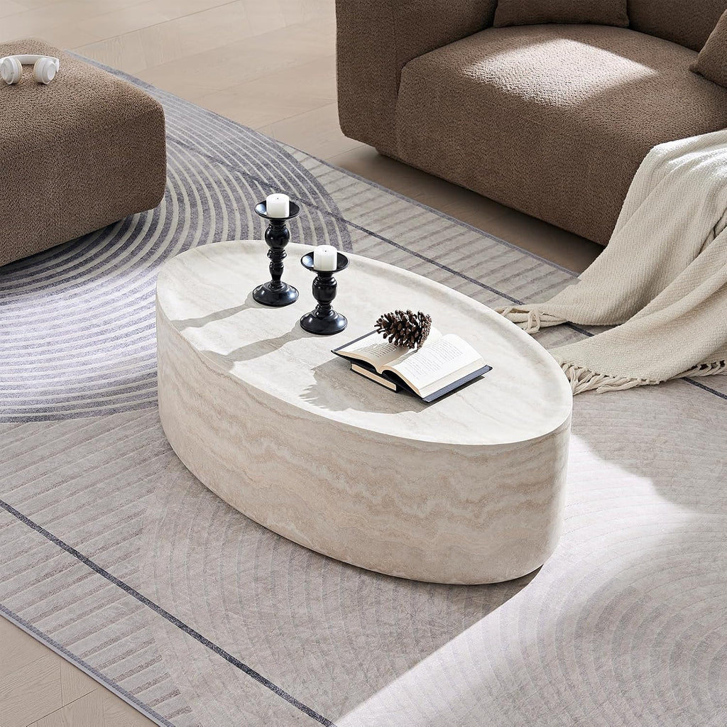 Round Coffee Tables for Living Room, Faux Mars Pattern Pedestal Coffee Tables Mid Century Modern Minimalist Side Tables Travertine Stone Pattern Accent End Table for Apartment, Fibgerglass 43.7'
