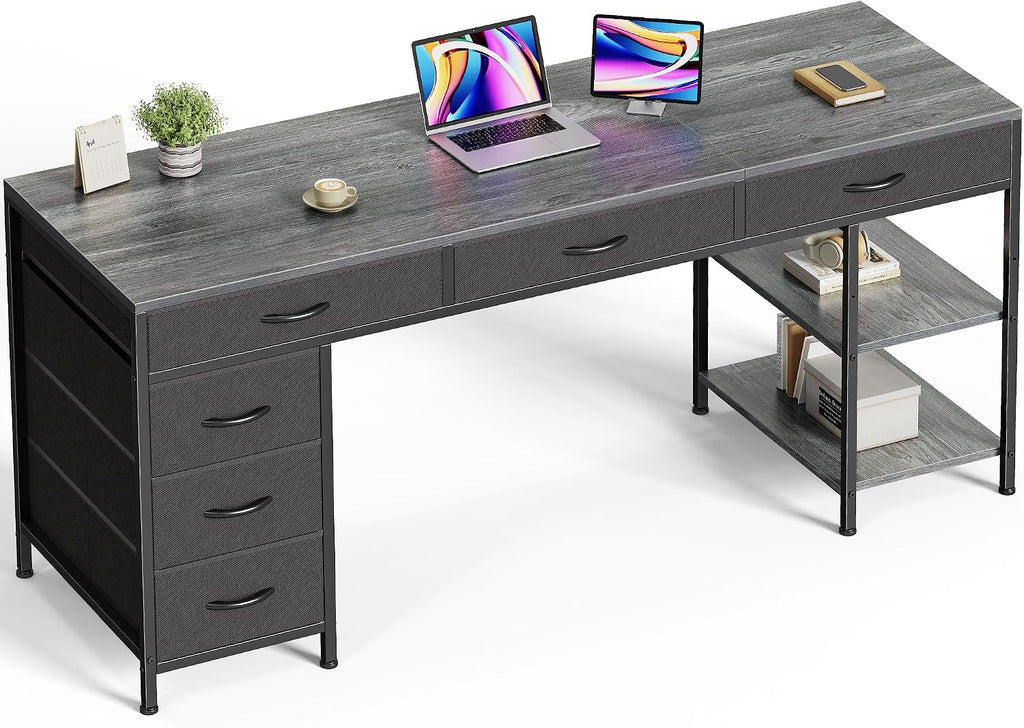 Huuger Computer Desk with 6 Drawers, Office Desk with Shelves, Reversible Gaming Desk, Corner Desk with Storage, Work for Home Office, Study, Living Room, 63inch, Grey