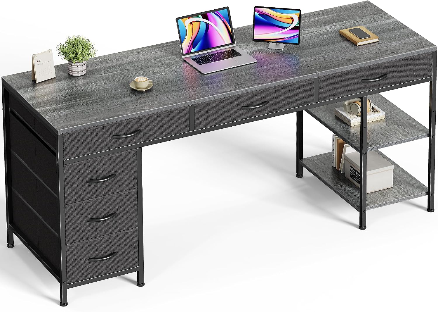 Huuger Computer Desk with 6 Drawers, Office Desk with Shelves, Reversible Gaming Desk, Corner Desk with Storage, Work for Home Office, Study, Living Room, 63inch, Grey