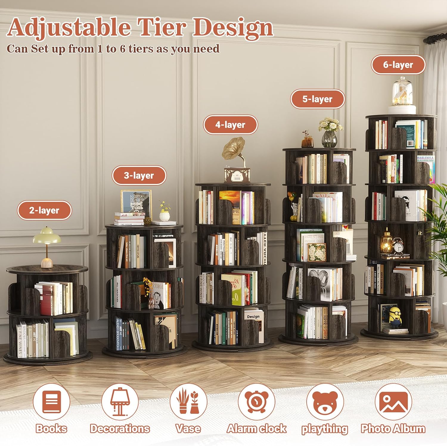 Aheaplus 6 Tier Rotating Bookshelf, Wood Spinning Bookshelf Tower, Round Revolving 360 Bookcase, Narrow Turning Book Shelf Rolling Corner Organizer for Small Space, Bedroom, Office, Black Oak