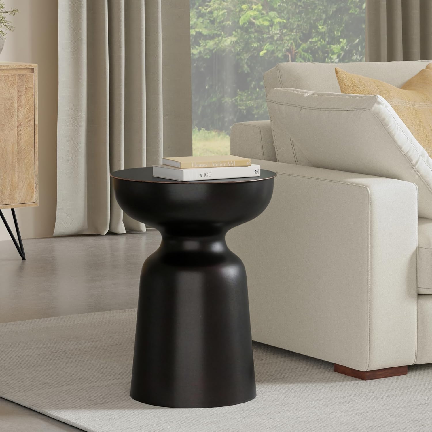 SIMPLIHOME Toby Metal Table - 18 inch Wide Solid Iron Drum Accent Table in Antique Copper, Industrial Side or End Table for Living Room, Bedroom or Entryway with Sculptural Design, Assembled