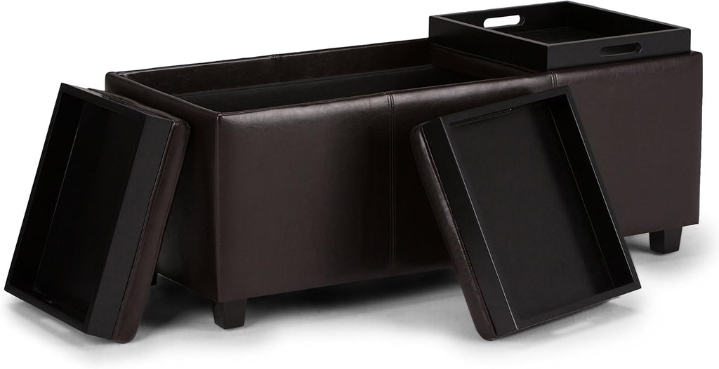 SIMPLIHOME Avalon Storage Ottoman - 42 inch Wide Upholstered Vegan Leather Rectangular Flip-Top Ottoman in Tanners Brown, Contemporary Coffee Table Ottoman for Living Room with Hidden Storage