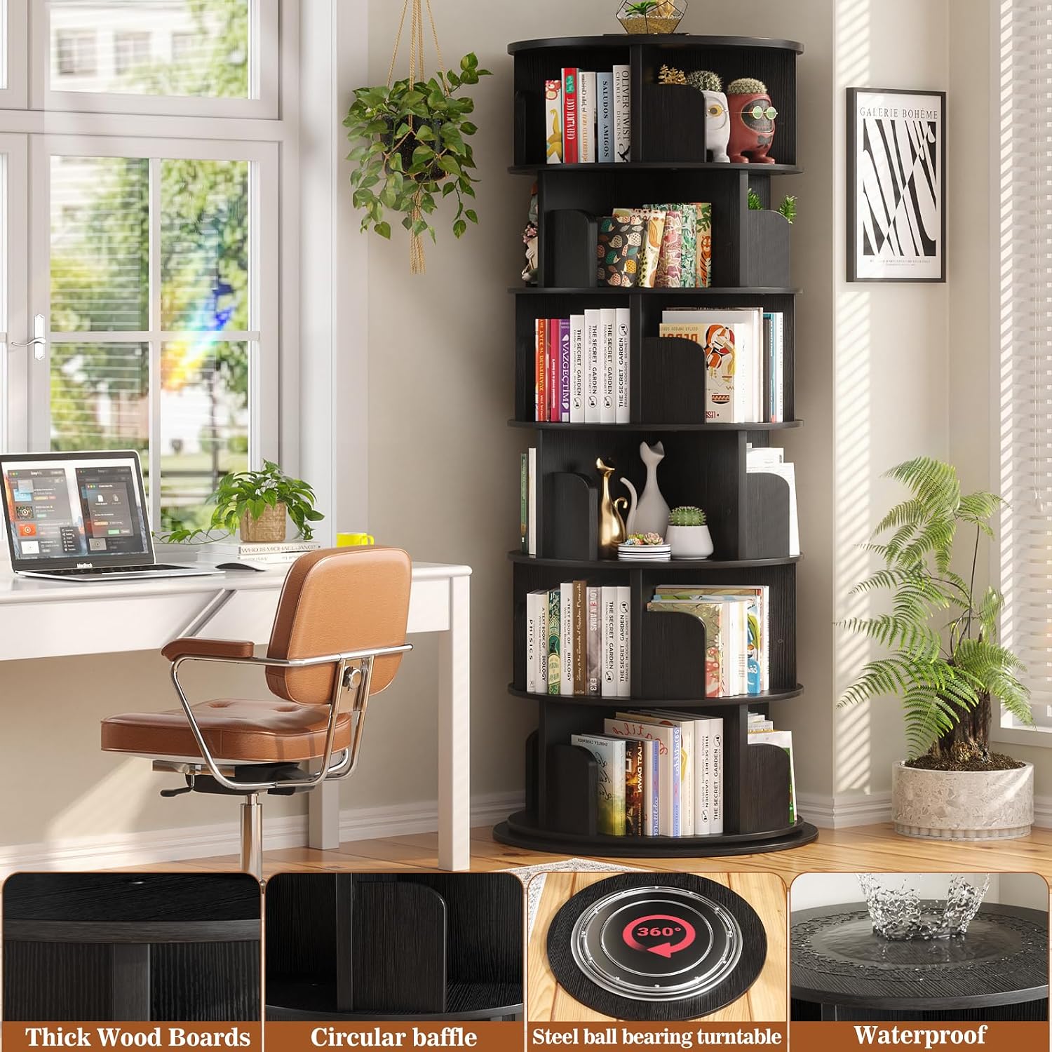 Aheaplus 6 Tier Rotating Bookshelf, Wood Spinning Bookshelf Tower, Round Revolving 360 Bookcase, Narrow Turning Book Shelf Rolling Corner Organizer for Small Space, Bedroom, Office, Black