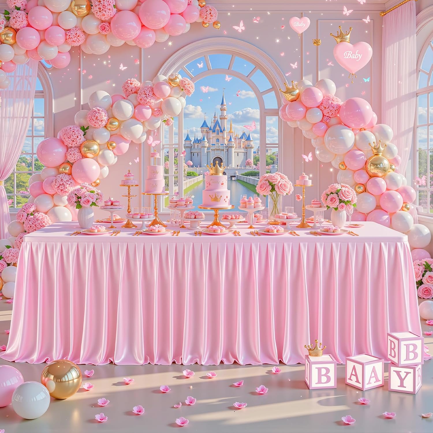 6 Pack 6FT Pink Satin Tablecloths for Rectangle Tables - Shiny Spandex Party Table Cover with Pleated Table Skirt, No-Wrinkle & Glossy Wedding Tablecloth One-Piece for Birthday Baby Shower Ceremony