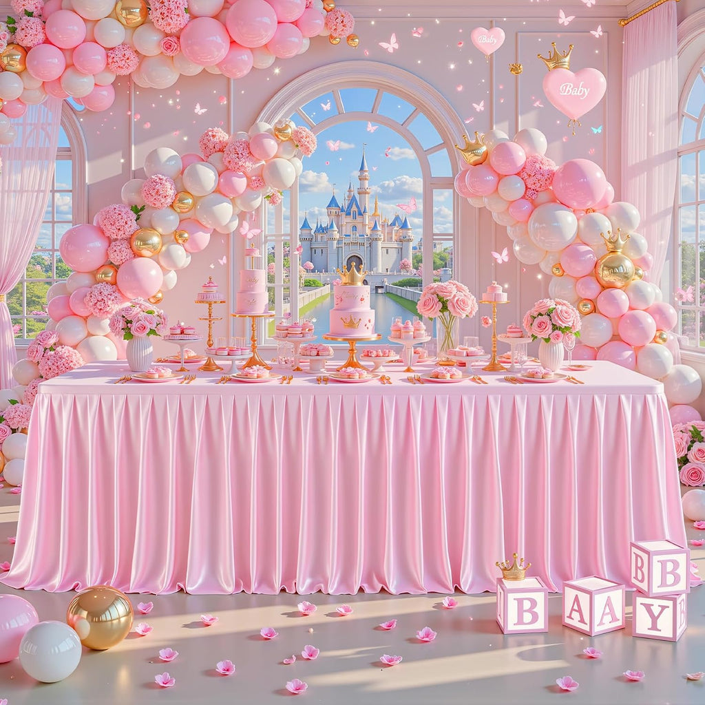 8 Pack 6FT Pink Satin Tablecloths for Rectangle Tables - Shiny Spandex Party Table Cover with Pleated Table Skirt, No-Wrinkle & Glossy Wedding Tablecloth One-Piece for Birthday Baby Shower Ceremony