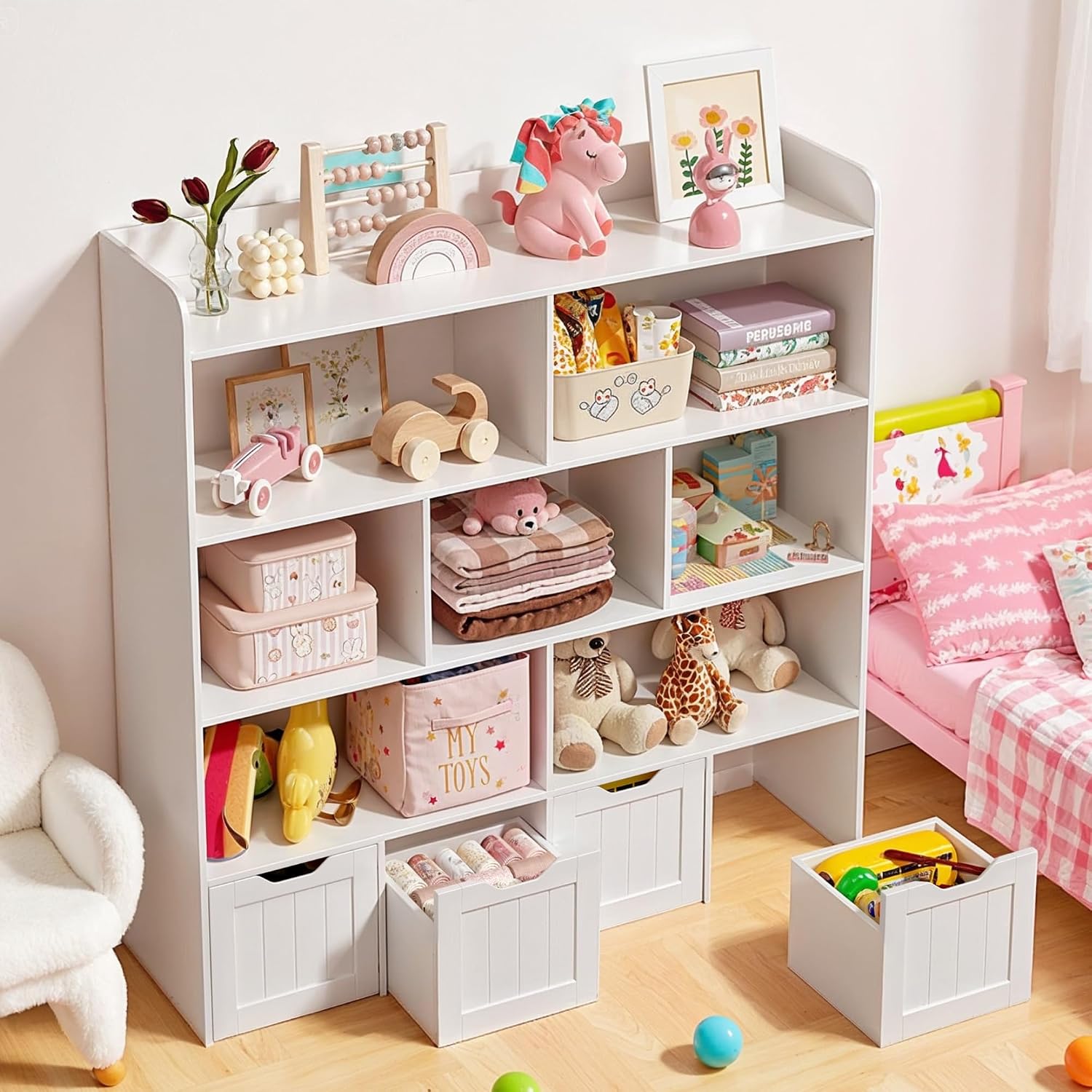 Gizoon Toy Storage Cabinet and Kids Bookcase with 4 Movable Drawers and 8 Open Shelves Toy Chest Shelf Organizer with Hidden Wheels for Playroom Nursery Kids Room, White, Painted