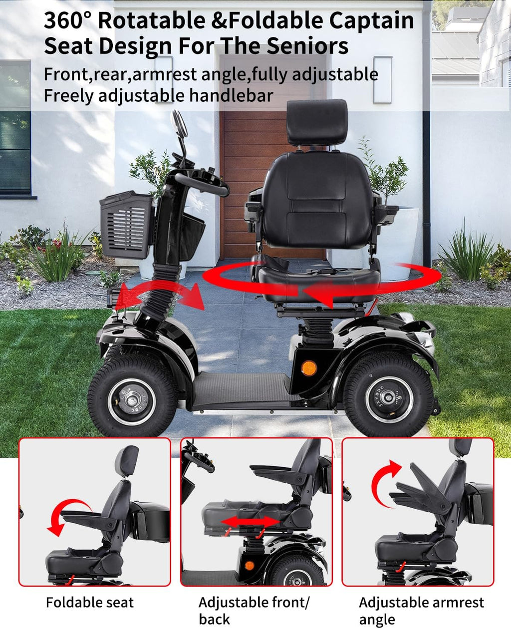 All Terrain Mobility Scooter for Seniors,Heavy-Duty 4 Wheel Mobility Scooters Mobility Scooter,Handicap Scooters for Adults with 3-Speed Travel Long (Black)