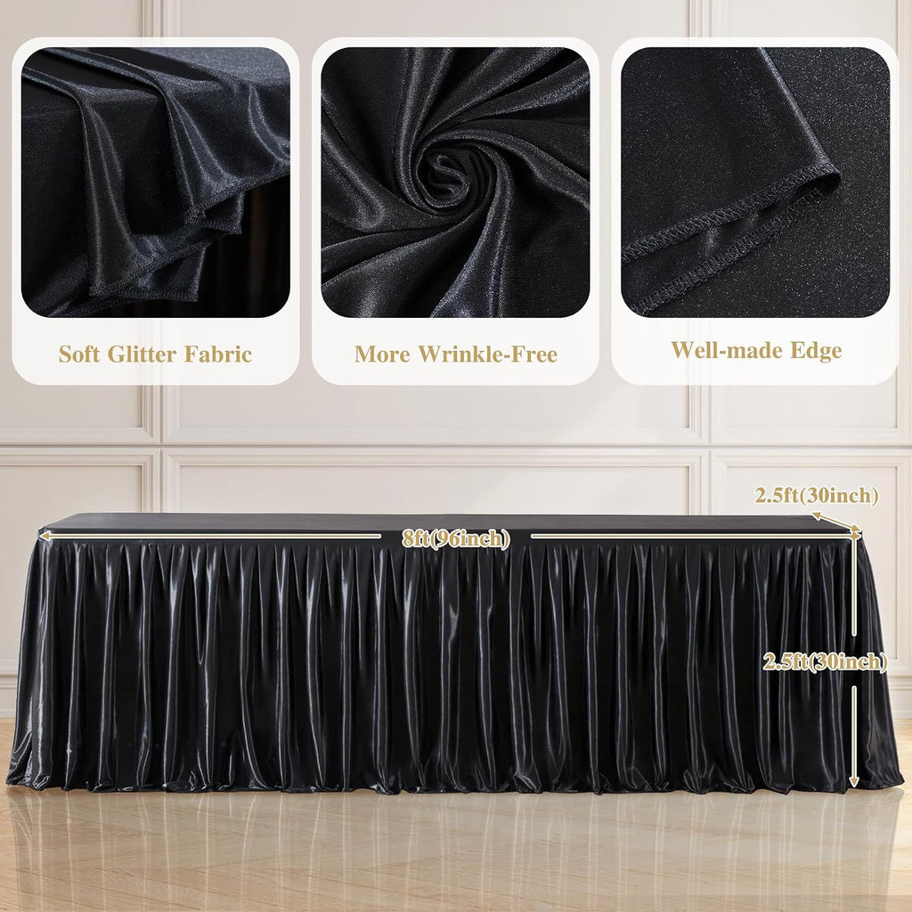 8 Pack 8ft Black Satin Tablecloths Rectangular - Shiny Spandex Party Table Cover with Pleated Table Skirt, No-Wrinkle & Glossy Wedding Tablecloth One-Piece for Birthday Baby Shower Banquet Ceremony