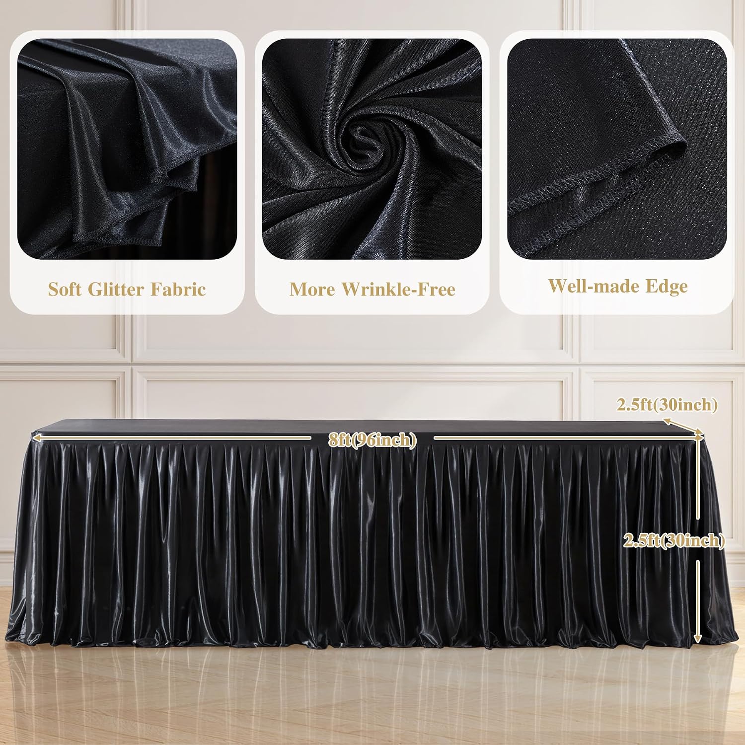 8 Pack 8ft Black Satin Tablecloths Rectangular - Shiny Spandex Party Table Cover with Pleated Table Skirt, No-Wrinkle & Glossy Wedding Tablecloth One-Piece for Birthday Baby Shower Banquet Ceremony