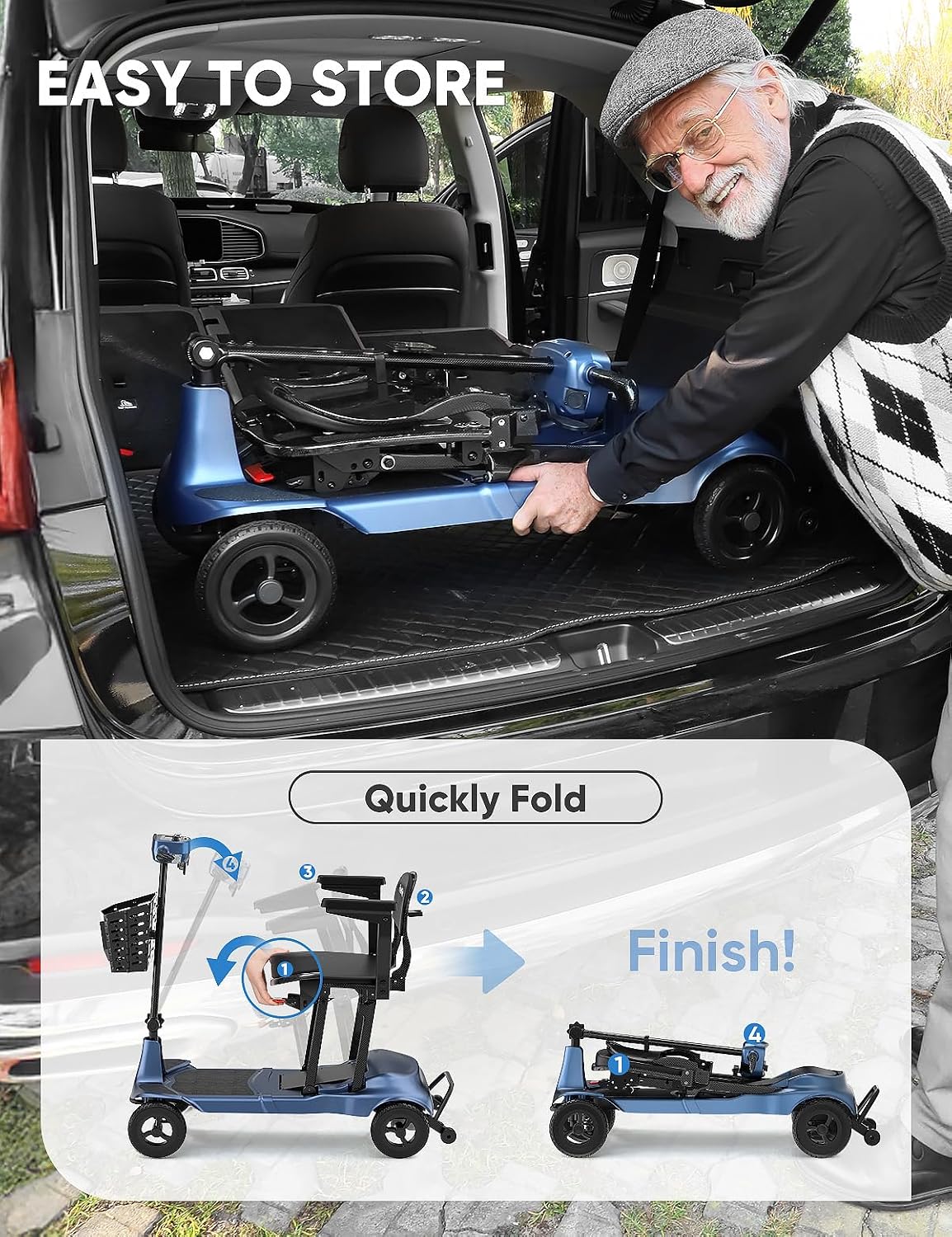 Mobility Scooters for Adults & Seniors - Ultra Lightweight 27.5 lbs Carbon Fiber Folding Electric Scooter - Airlines Approved All-Terrain Portable Scooter with Basket and Charger Included-Blue