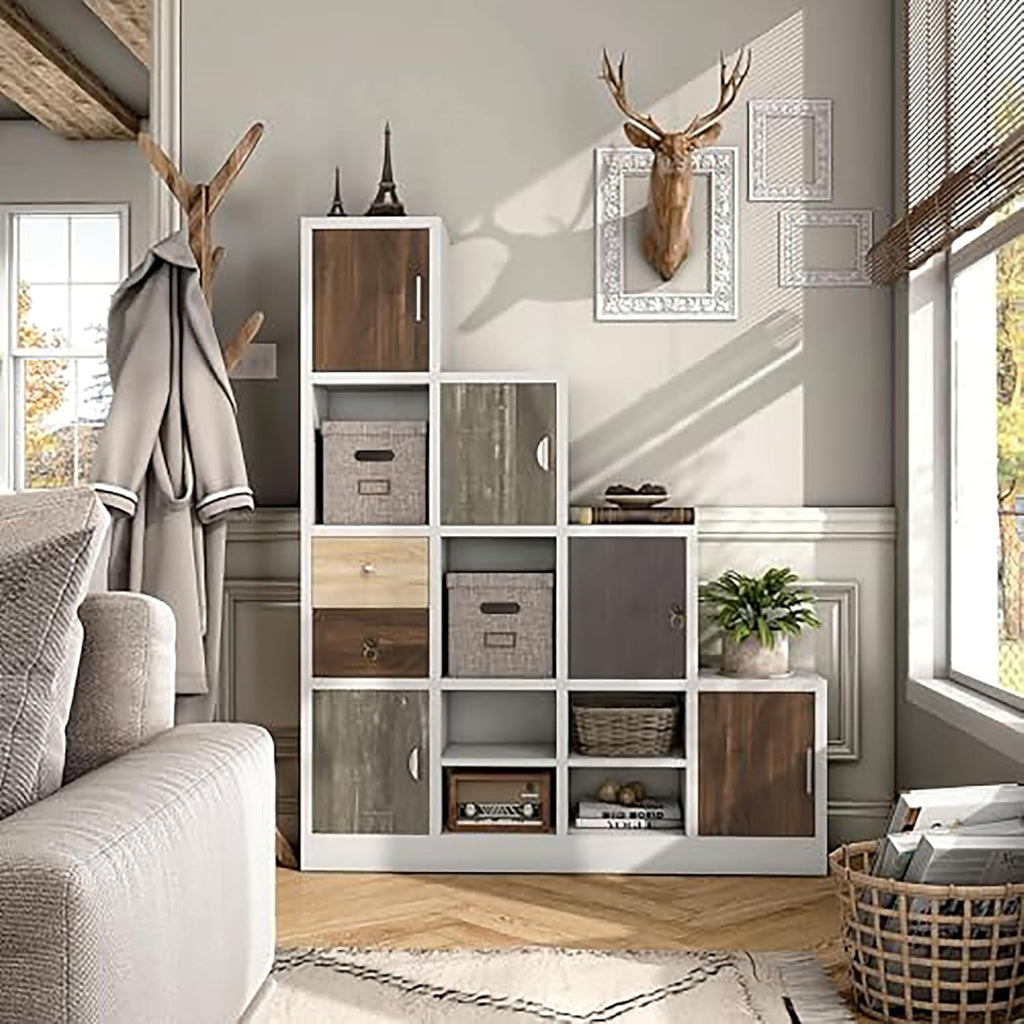 HOMES: Inside + Out Catrina Modern 10-Cube Storage Bookcase with Drawer, L Shaped Ladder Corner Staircase Display Shelves, 4-Tier Organizer Shelf for Living Room , Bedroom, Office, Apartment, White