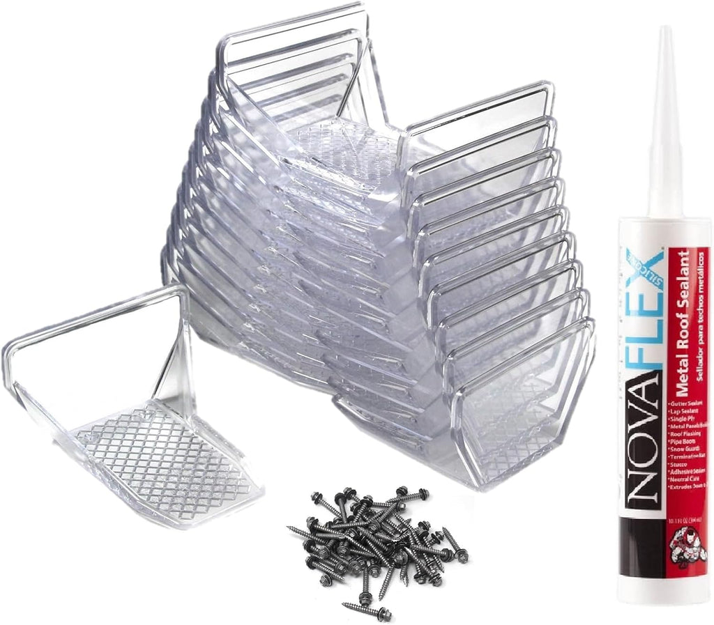 Clear Plastic Alpine 25 Piece Jumbo Snow Guards with Mechanical Fastening Mounting Hardware Kit - Includes (50) 2' #14 Self-tapping Screws with Neoprene Washers for Wood Purlins & (1) Tube Sealant