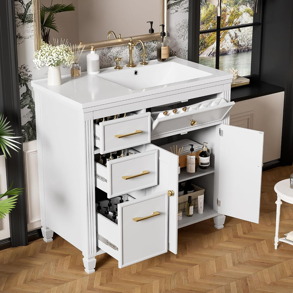 Merax 36' Bathroom Vanity with Ceramic Sink Set Combo, Tip-Out Drawer, Storage Cabinet Organizer with 2 Doors and Adjustable Shelf, White