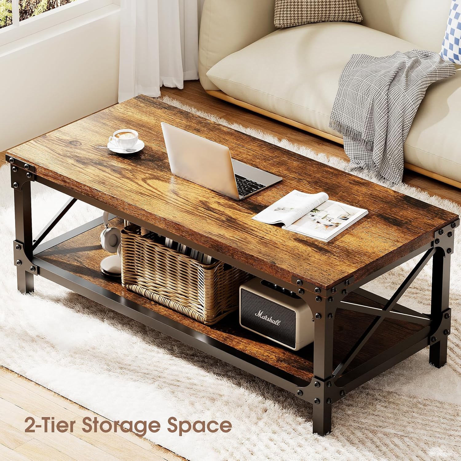 Rectangle Coffee Tables for Living Room, Wood Rectangular Coffee Table, 2 Tier Industrial Modern Center Table with Thickened Tabletop and Metal Frame, 47 inch Long (Rustic Brown)