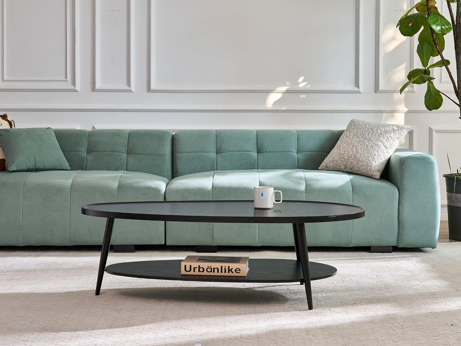 AGV Oval Coffee Table with Storage Shelf 47' Mid Century Modern Coffee Table,Black Wood Finish MDF Top with Black Metal Legs for Living Room,Office or Small Space