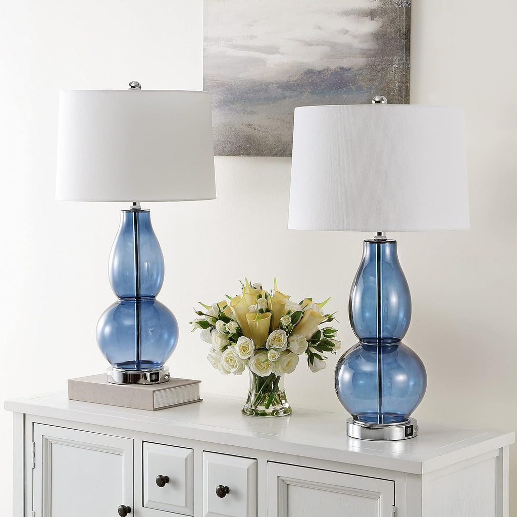SAFAVIEH Lighting Collection Mercurio Blue Glass Double Gourd 28-inch Table Lamp Set of 2 with USB Charging Port (LED Bulbs Included)