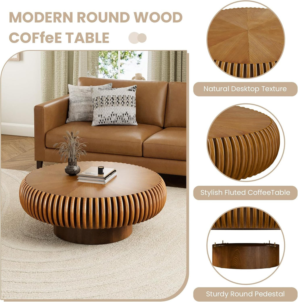 Fluted Drum Coffee Table Round Coffee Table for Living Room Mid Century Modern Coffee Tables with Sturdy Pedestal Circle Center Tea Table Accent Tea Table for Small Space Apartment (31.5' Brown)