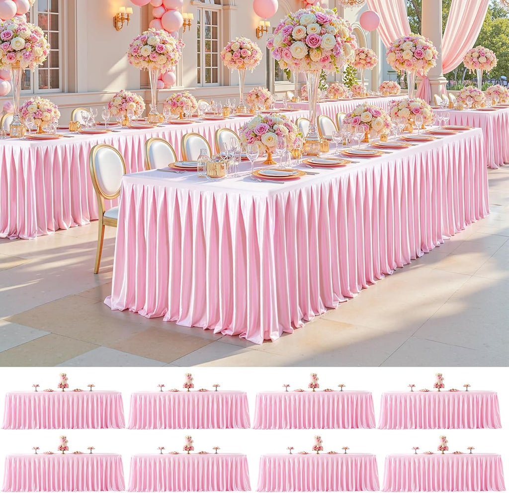 8 Pack 6FT Pink Satin Tablecloths for Rectangle Tables - Shiny Spandex Party Table Cover with Pleated Table Skirt, No-Wrinkle & Glossy Wedding Tablecloth One-Piece for Birthday Baby Shower Ceremony