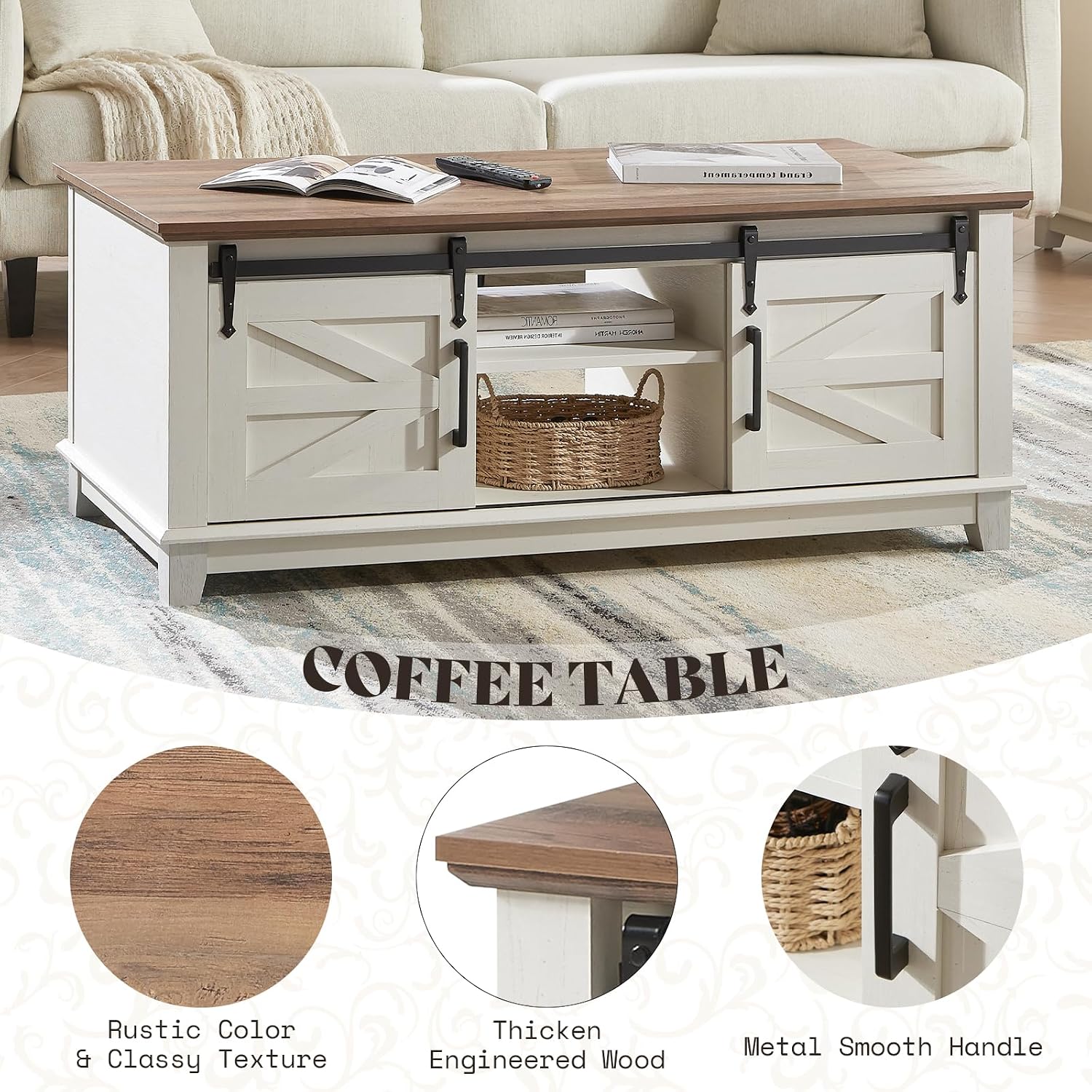 AMERLIFE 3-Piece Farmhouse Living Room Table Set - Coffee Table with Sliding Barn Doors & End Table Set of 2 with Charging Station and Storage Drawers, Rustic White