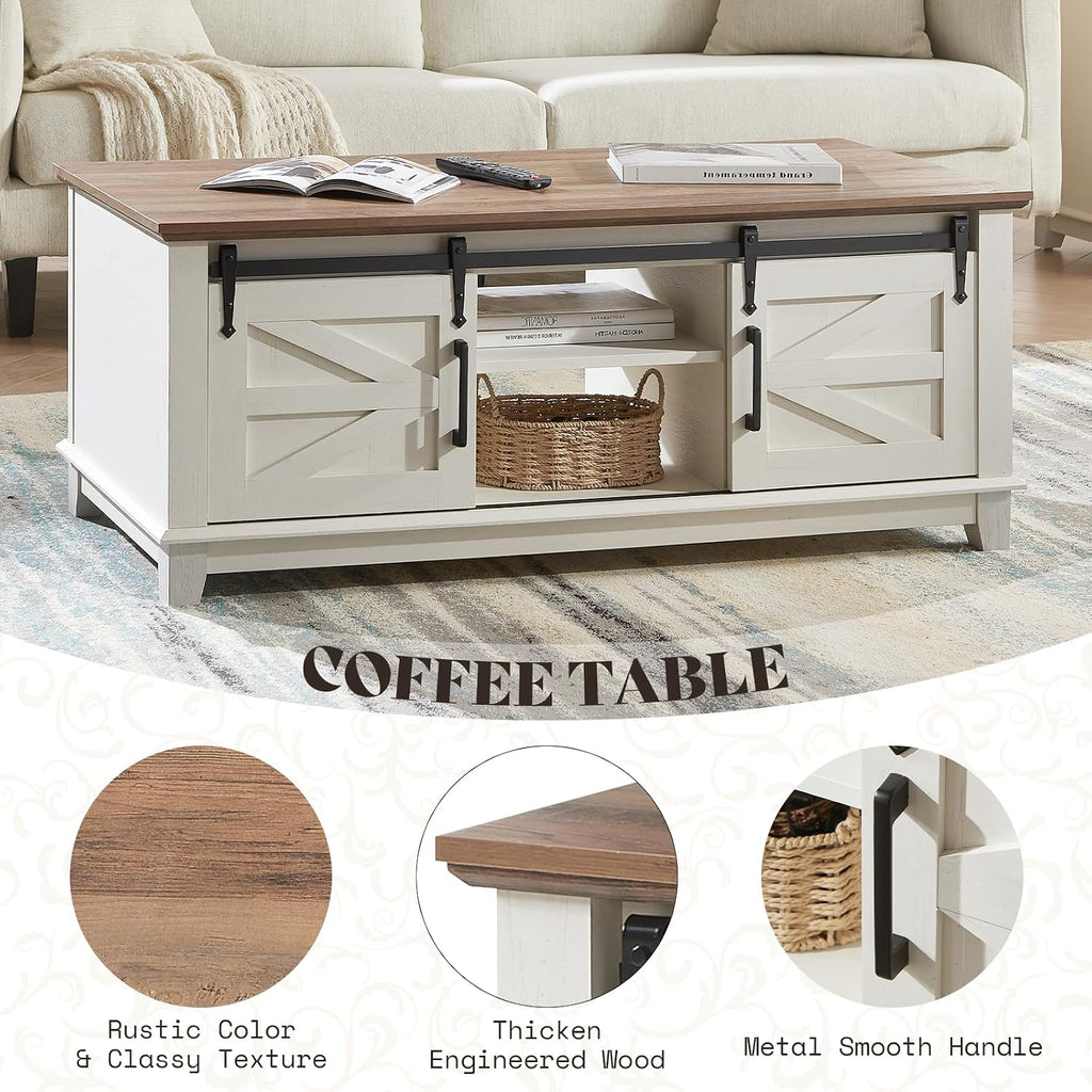 AMERLIFE Farmhouse 5-Piece Set,18' End Tables Set of 2 with Charging Station,TV Stand for 65'+ TV, Storage Coffee Table & 46'' Entryway Table,Sliding Barn Doors,Adjustable Shelves, Rustic White