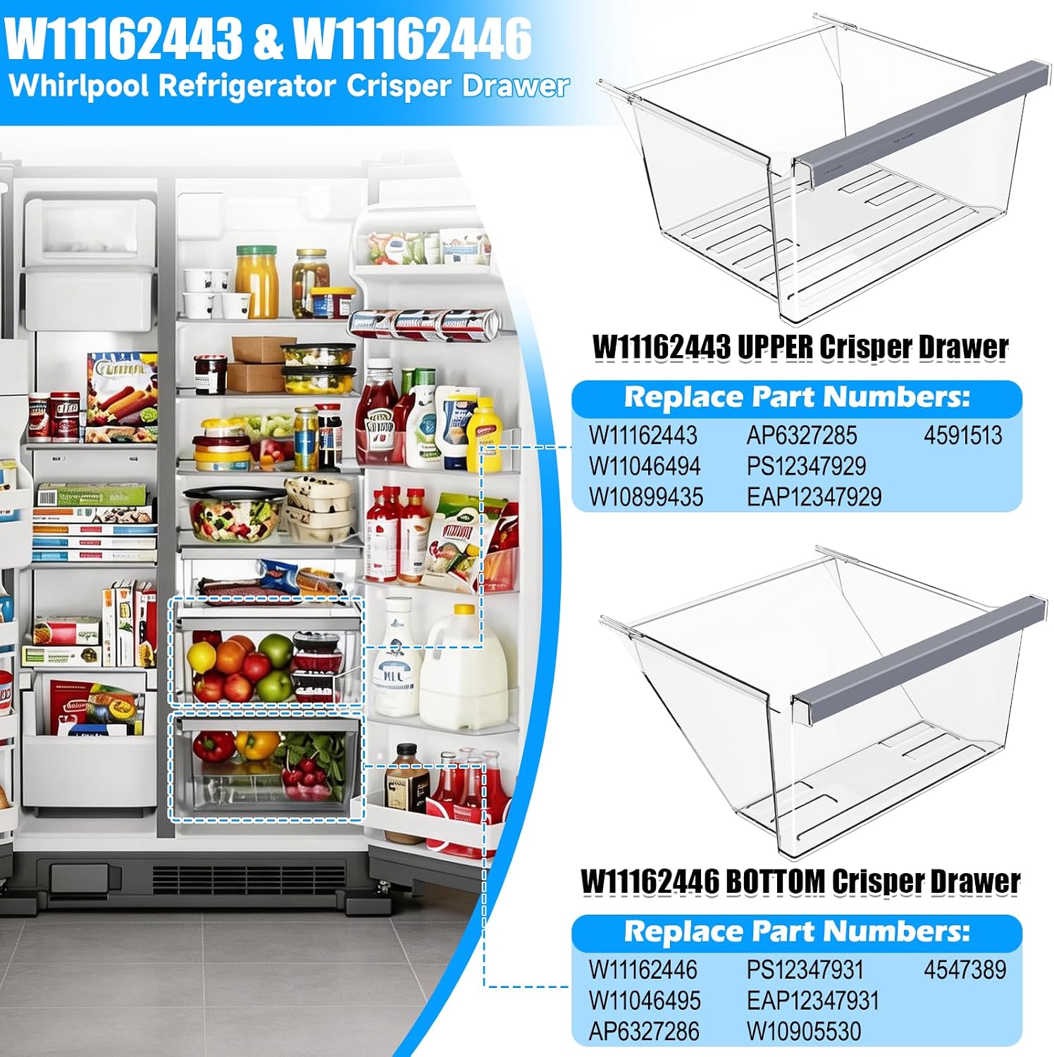 UPGRADED W11162443 Refrigerator Drawer & W11162446 Whirlpool Crisper Drawer Compatible with Whirlpool Fridge Drawer Replacement Parts WRS325SDHZ05 WRS315SDHM01 WRS555SIHZ03 Crisper Bins Drawer,2 Pack