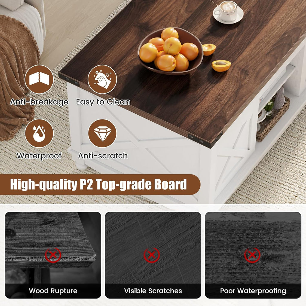 ALLSTAND 48' Farmhouse Lift Top Coffee Table with Storage Sliding Barn Door & Large Hidden Compartment, Coffee Table with Lifting Top with Wooden Lift Tabletop, Coffee Tables for Living Room, White