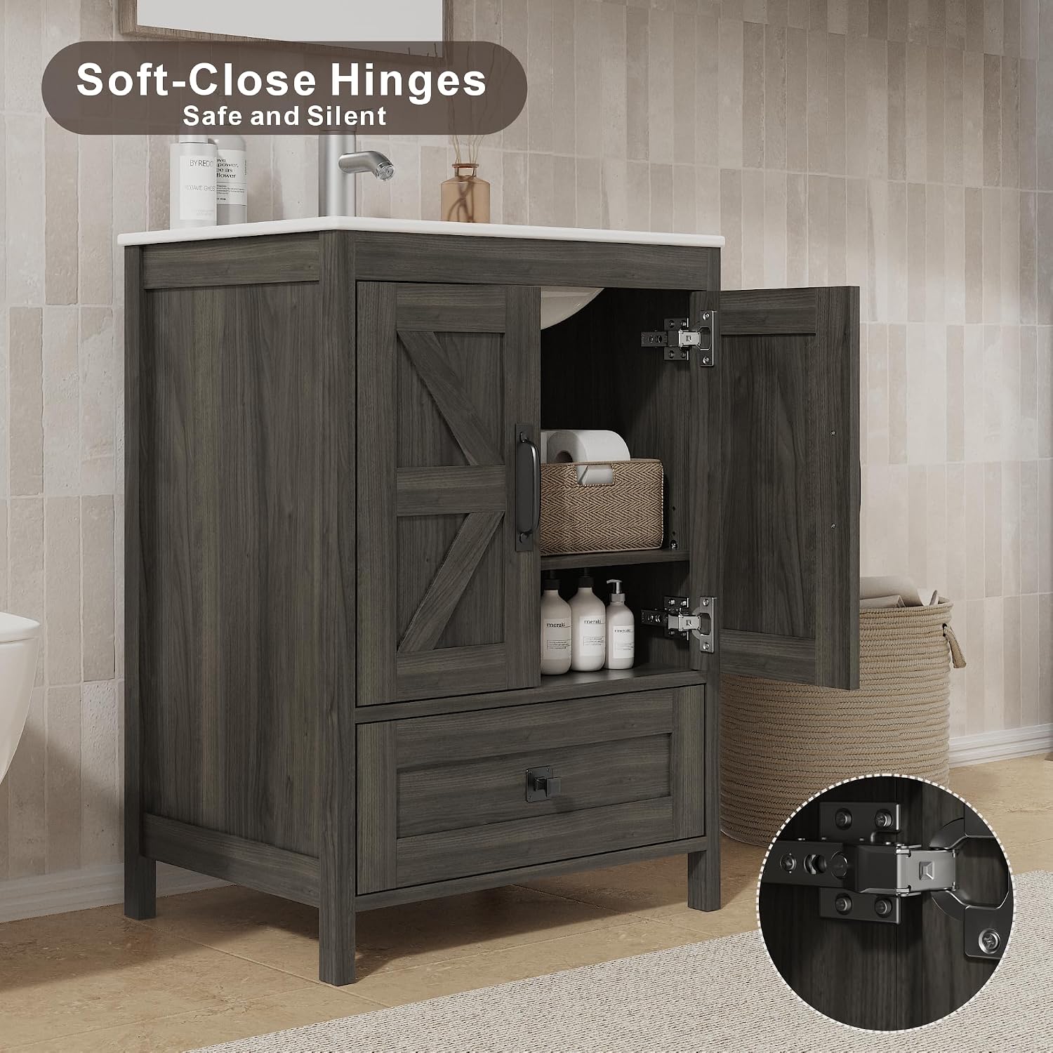 KIGOTY 24 Inch Farmhouse Vanity for Bathroom with Ceramic Sink, Vanity Sink Cabinet with Faucet, Wooden Sink Vanity, Freestanding Bathroom Sink and Cabinet, Bathroom Furniture Set