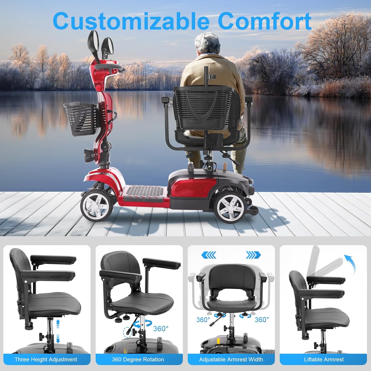 4 Wheels Eldryvon EV03 Electric Mobility Scooter for Seniors, Dual Baskets, 350W Powered Wheelchair with Rotating Seat, Foldable Motorized Scooter for Adult with USB Port, 300Lbs Capacity All Terrain