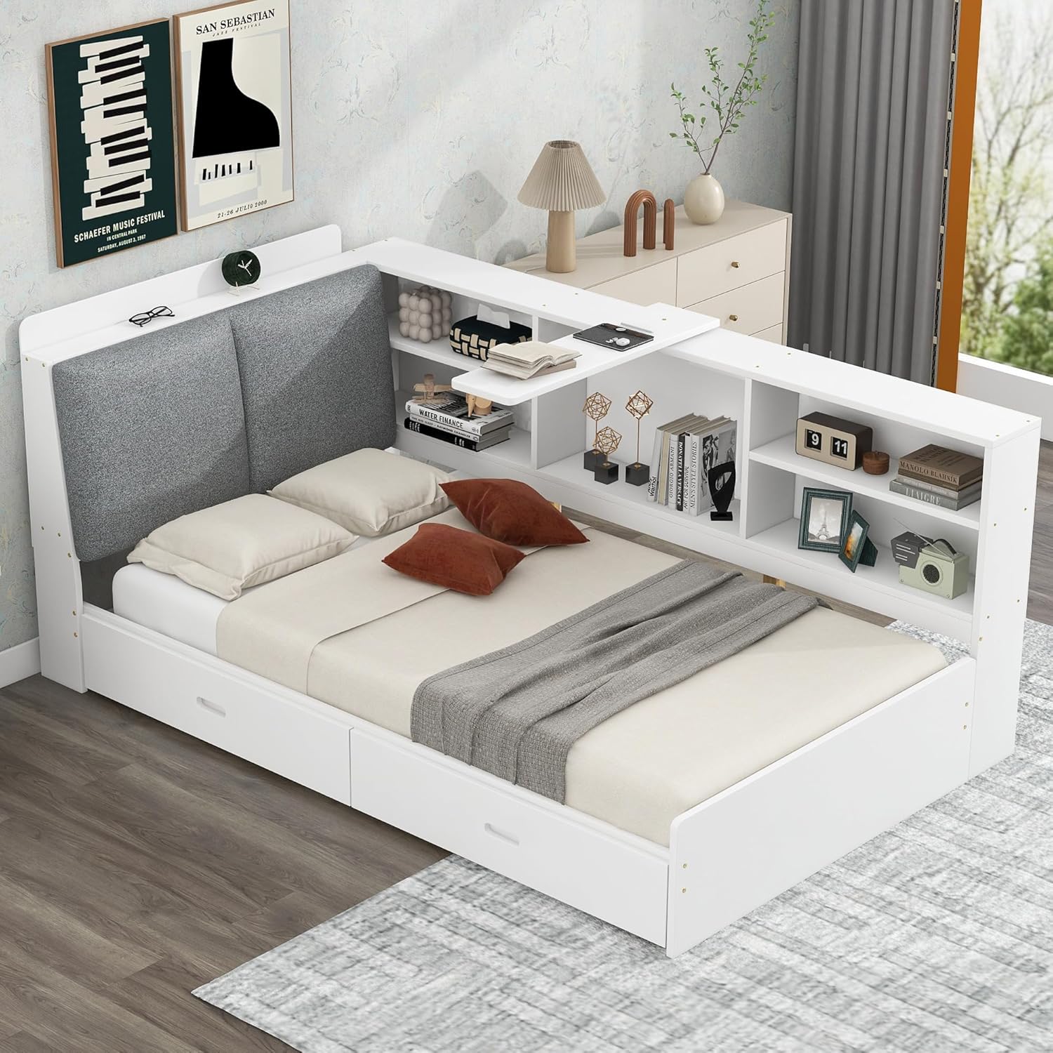 Twin Size Daybed with Storage Drawers and Bookcase,White | Pine Wood Corner Bed,Upholstered Storage Headboard,for Kids Boys Girls,Rotatable Board