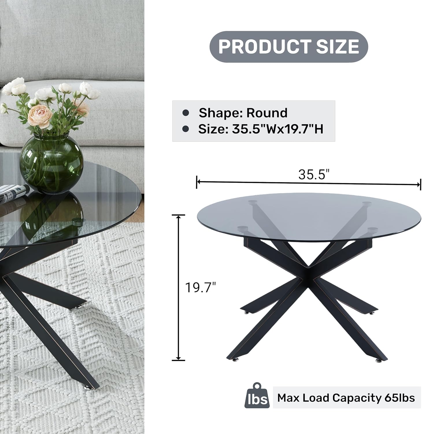 Black Round Glass Coffee Table for Living Room, Home Office, Modern & Simple Center Table with Gray Tempered Glass Top, 35.5' Wx19.7 H