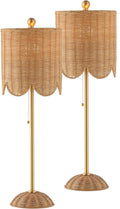JONATHAN Y 27.5' Brass Gold Coastal Buffet Table Lamp Set of 2 for Bedroom, Boho Table Lamps with Natural Rattan Scalloped Shade, Pull Chain, LED Bulbs Included JYL1138A-SET2