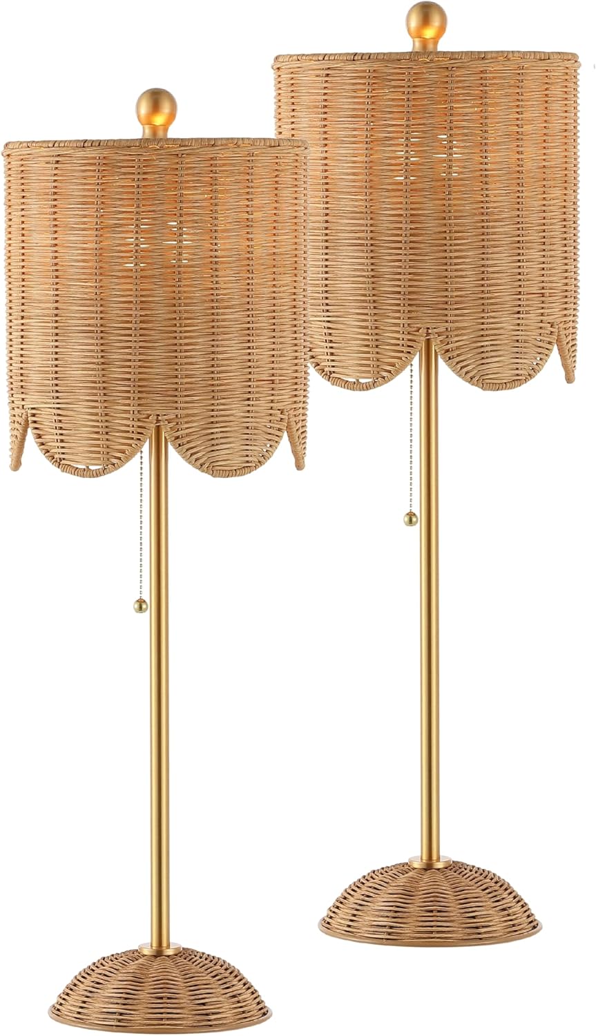 JONATHAN Y 27.5' Brass Gold Coastal Buffet Table Lamp Set of 2 for Bedroom, Boho Table Lamps with Natural Rattan Scalloped Shade, Pull Chain, LED Bulbs Included JYL1138A-SET2