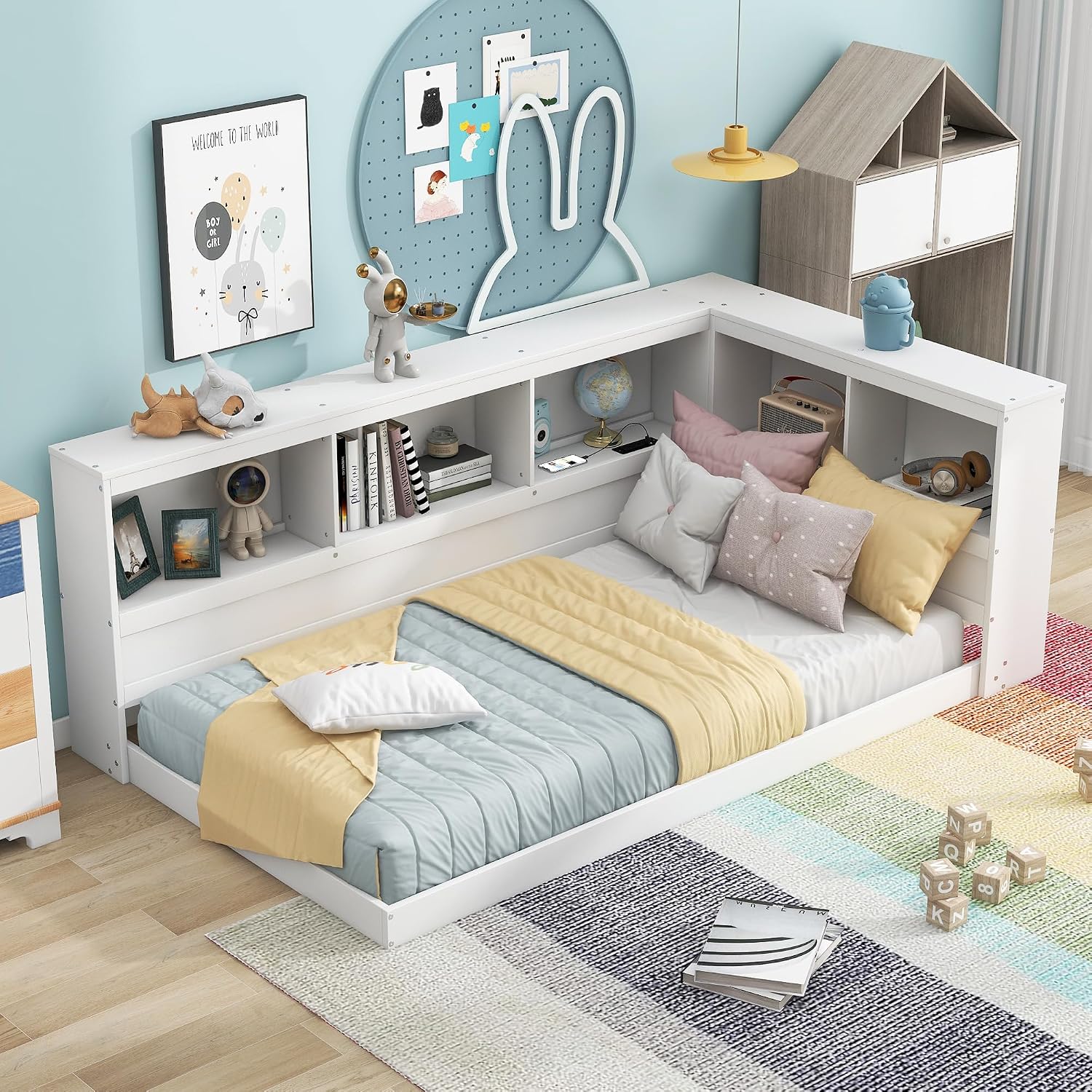 Harper & Bright Designs Twin Size Daybed, Wood Twin Bed Frame with L-Shaped Bookcases and USB Ports,Floor Sofa Bed for Kids Room, Bedroom, Living Room,White
