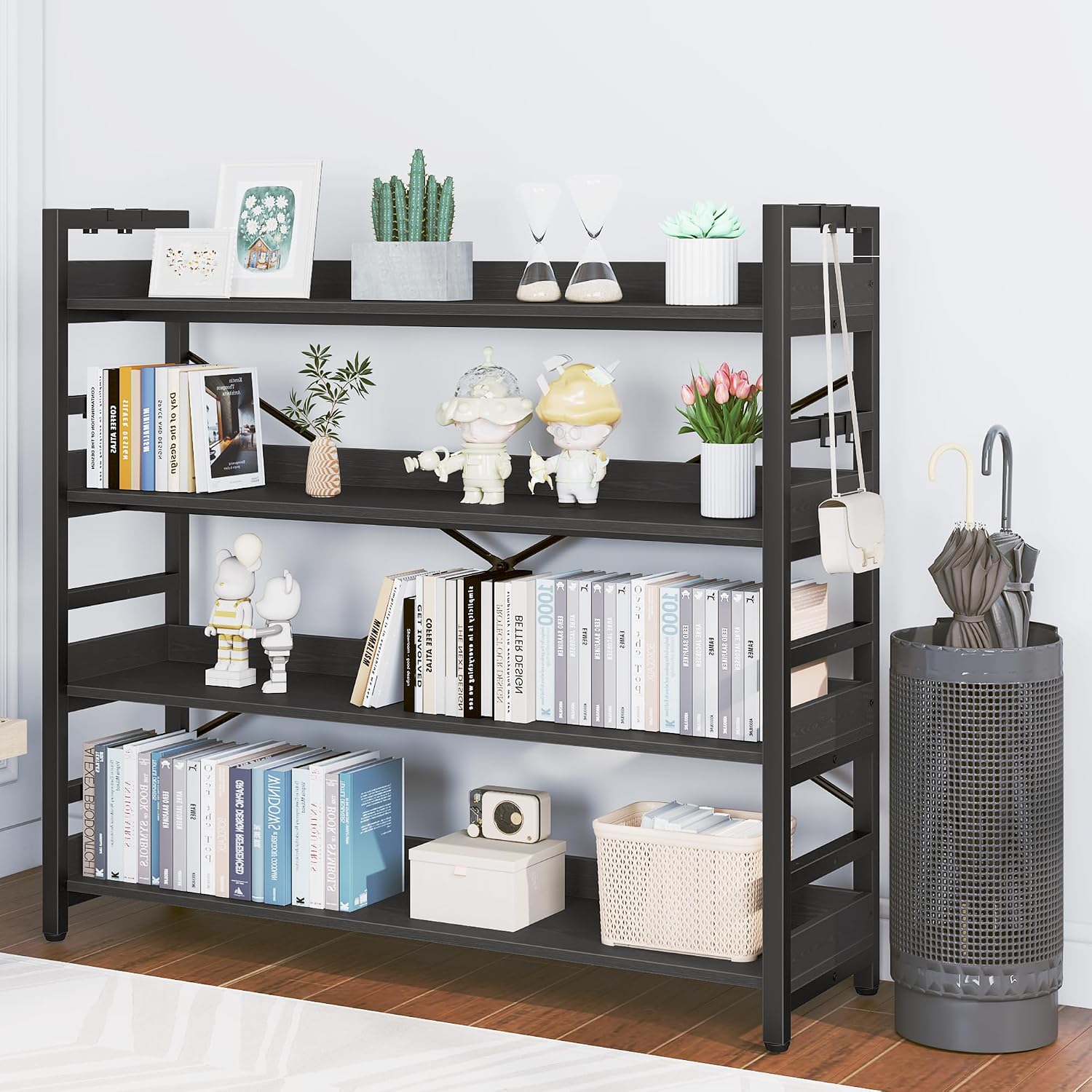 HCHQHS Bookshelf, Adjustable Industrial Bookcase, Vertical Tall Book Shelf, Wood and Black Metal Open Bookshelves for Home Office, Living Room, Bedroom (Black, 4-Tier (47' W x 44' H))