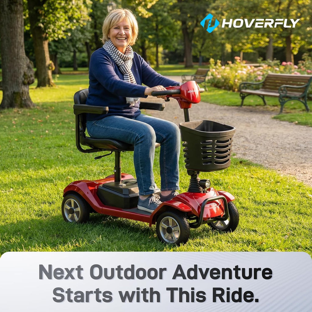 Hoverfly T4 Mobility Scooter for Seniors, Max 12.4-Mile Range & 3.7 mph, 3-Position Seat & Anti-slip Rear Wheel, Removed Battery&Quick Fold Design, Solid 9' Tire &330 lb Capacity, Ease of Assembly Red